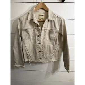 L'AGENCE Women's Janelle Slim Raw Edge Denim Stretch Crop Jacket Sz S Biscuit